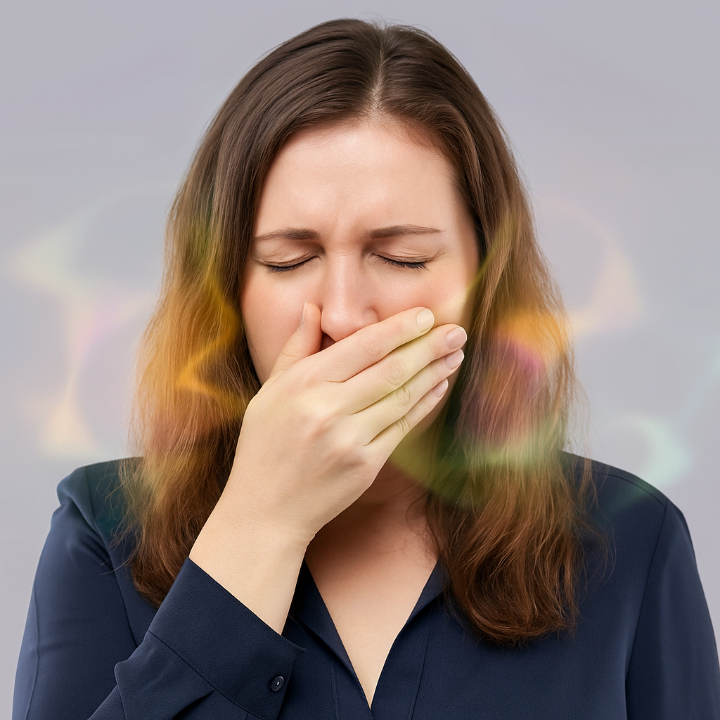 Woman with Bloating, burping and belching